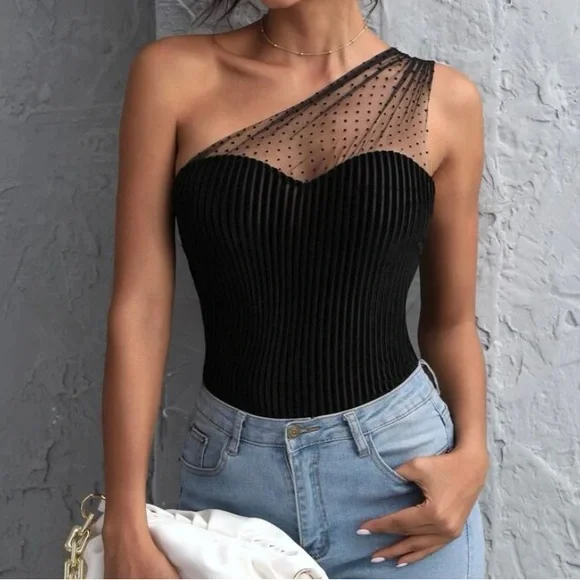 Women’s SHEIN polka dot mesh one-shoulder black velvet blouse. Size M. - Picture 2 of 13